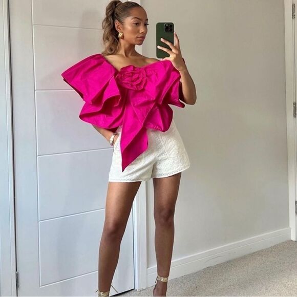 ZARA WOMEN ASYMMETRIC RUFFLED TOP FUCHSIA FLOWER VOLUMINOUS, SIZE S - Picture 6 of 11